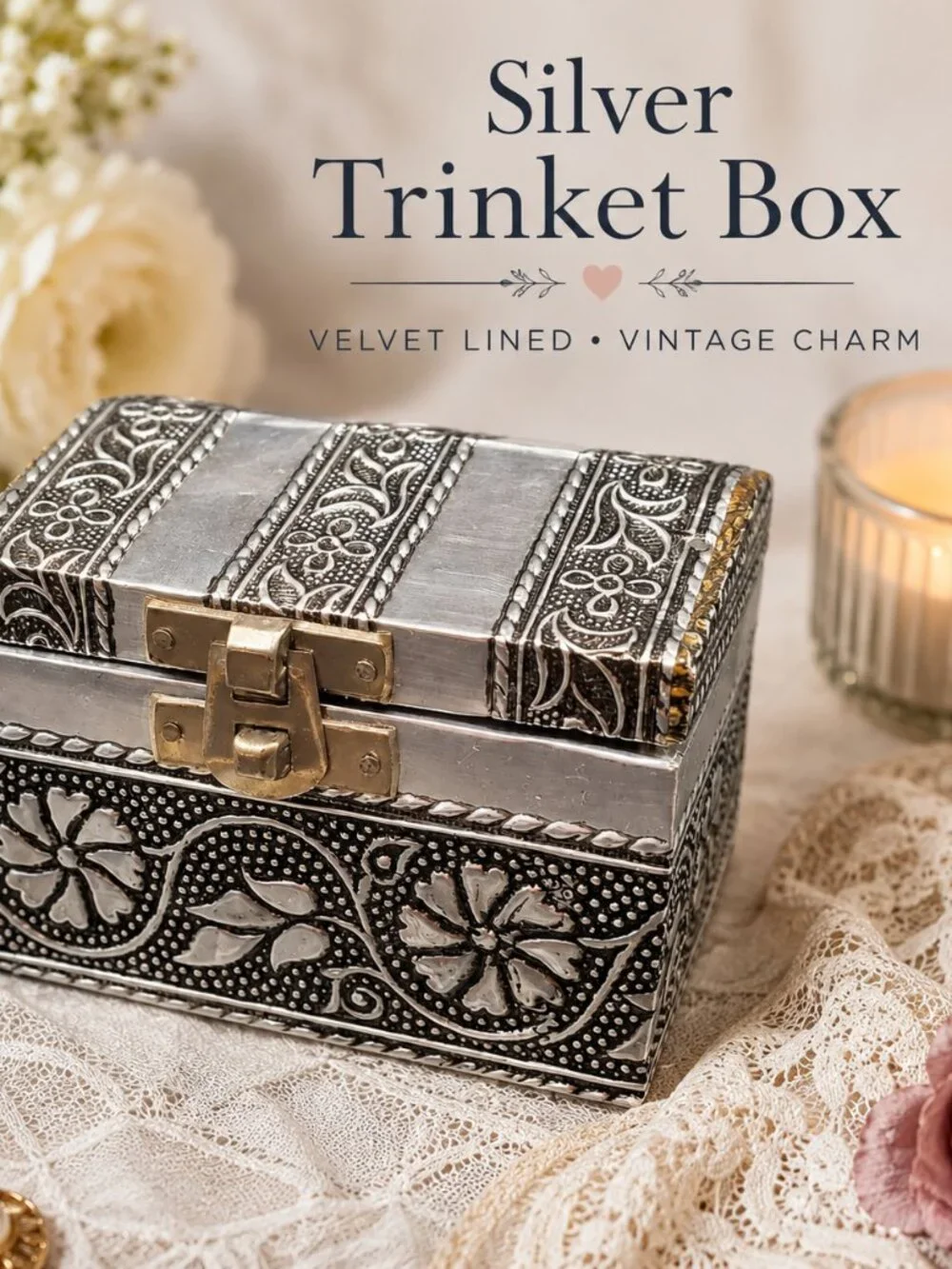 Silver-Tone Embossed Trinket Box